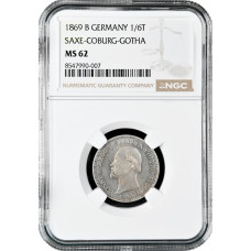 Saxe-Coburg-Gotha 1/6 thaler 1869 B, NGC MS62, "25th Reign of Duke Ernst II"