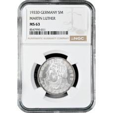 Germany - Third Reich 5 reichsmark 1933 D, NGC MS63, "450th An. - Martin Luther"