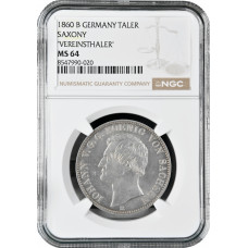 Saxony 1 thaler 1860 B, NGC MS64, "King John I (1854 - 1873)" Pop 3/2