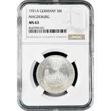 Weimar Republic 3 reichsmark 1931 A, NGC MS63, "Rebuilding of Magdeburg"