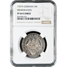 Weimar Republic 3 reichsmark 1927 A, NGC PF64 CAMEO, "100th Ann. of Bremerhaven"