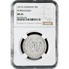 Weimar Republic 3 reichsmark 1927 A, NGC MS65, "1000th Anniversary of Nordhausen"