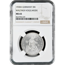 Weimar Republic 3 reichsmark 1930 A, NGC MS65, "Walter von der Vogelweide"