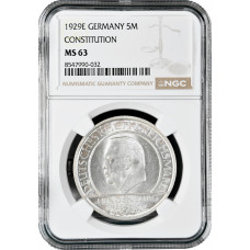 Weimar Republic 5 reichsmark 1929 E, NGC MS63, "Weimar Constitution" Pop 6/1