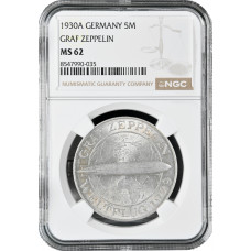 Weimar Republic 5 reichsmark 1930 A, NGC MS62, "Flight of the Graf Zeppelin"