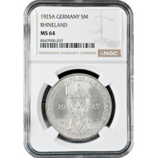 Weimar Republic 5 reichsmark 1925 A, NGC MS64, "1000th Year of the Rhineland"
