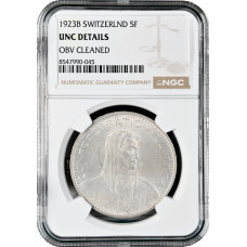 Швейцария 5 франков 1923 г. B, NGC UNC Det., "Конфедерация (1917 - 1967)"