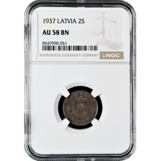 Latvia 2 santimi 1937, NGC AU58 BN, "First Republic (1922 - 1940)"