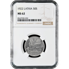 Latvia 50 santimu 1922, NGC MS62, "First Republic (1922 - 1940)"