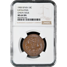 Spain 10 centimos 1900, NGC MS65 BN, "Catalonia: Catalanist Union" Top Pop