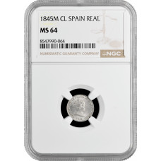 Spain 1 real 1845 M CL, NGC MS64, "Queen Isabel II (1847 - 1864)" Top Pop 2/0