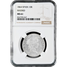 Spain 10 reales 1864, NGC MS61, "Queen Isabel II (1847 - 1864)" Madrid