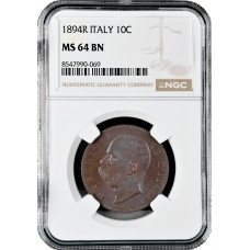 Italy 10 centesimi 1894 R, NGC MS64 BN, "King Umberto I (1878 - 1900)"