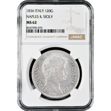 Naples & Sicily 120 grana 1836, NGC MS62, "King Ferdinand II (1830 - 1859)"