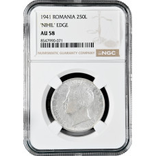 Romania 250 lei 1941, NGC AU58, "King Michael I (1940 - 1947)", "NIHIL" EDGE