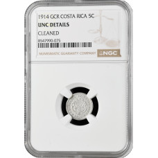 Costa Rica 5 centimos 1914 GCR, NGC UNC Det., "Republic of Costa Rica (1896-1950)"