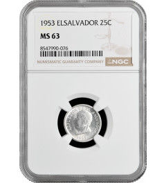 Сальвадор 25 сентаво 1953 г., NGC MS63, "Республика Эль-Сальвадор (1919 - 2001)"