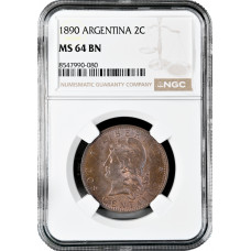 Argentina 2 centavos 1890, NGC MS64 BN, "Argentine Peso (1881 - 1969)" Top Pop