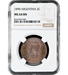 Аргентина 2 сентаво 1890 г., NGC MS64 BN, "Песо аргентинское (1881 - 1969)" Top Pop