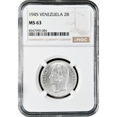Venezuela 2 bolivares 1945, NGC MS63, "United States of Venezuela (1879 - 1952)"