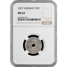 Norway 50 ore 1927, NGC MS63, "King Haakon VII (1906 - 1957)"