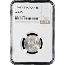 Vatican City 5 lire 1946, NGC MS65, "Pope Pius XII (1939 - 1958)" silver coin