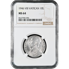 Vatican City 10 lire 1946, NGC MS64, "Pope Pius XII (1939 - 1958)" silver coin