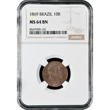 Brazil 10 reis 1869, NGC MS64 BN, "Emperor Pedro II (1831 - 1889)"