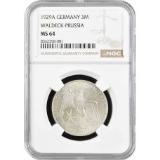 Weimar Republic 3 reichsmark 1929 A, NGC MS64, "Waldeck-Prussia Union"