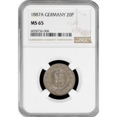 Germany 20 pfennig 1887 A, NGC MS65, "German Empire (1871 - 1922)"