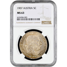 Österreich 5 Kronen 1907, NGC MS63, "König Franz Joseph I (1848 - 1916)"