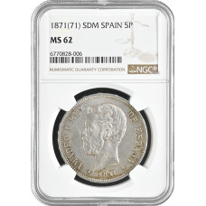 Spain 5 pesetas 1871 (71) SDM, NGC MS62, "King Alfonso XII (1874 - 1885)"