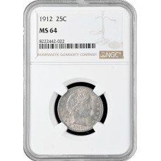 USA quarter dollar (25 cents) 1912, NGC MS64, "Barber Quarter" silver coin