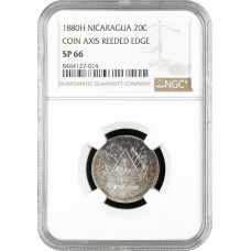 Nicaragua 20 Centavos 1880 H, NGC SP66, "Coin Axis Reeded Edge" Top Pop