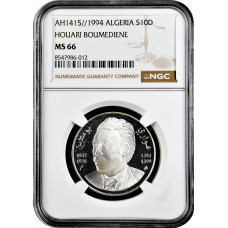 Algerien 10 Dinar 1994, NGC MS66, "Houari Boumedien (1932 - 1978)" Silbermünze