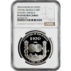 Mexico 100 pesos 1991, NGC PF69 UC, "Ibero-America - Encounter of the two Worlds"
