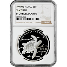 Mexico 5 pesos 1994 Mo, NGC PF70 UC, "Ibero-America - Sea Turtle" Top Pop