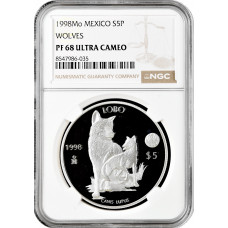 Mexico 5 pesos 1998 Mo, NGC PF68 UC, "World Wildlife Fund - Wolf" silver coin