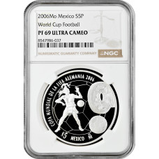 Mexico 5 pesos 2006 Mo, NGC PF69 UC, "FIFA World Cup, 2006" silver coin