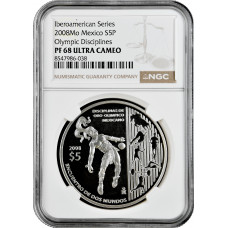 Mexico 5 pesos 2008 Mo, NGC PF68 UC, "Ibero-America - Olympics" silver coin