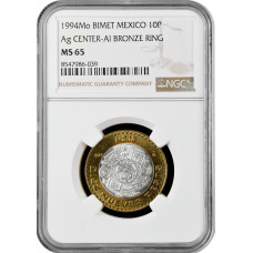 Mexico 10 pesos 1994 Mo, NGC MS65, "United Mexican States (1992 - 2023)"