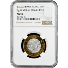 Mexico 10 pesos 1992 Mo, NGC MS66, "United Mexican States (1992 - 2023)"