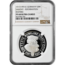 Saxony 3 mark 1917 (1991) E, NGC PF68 UC RESTRIKE, "Reformation" Top Pop 1/0