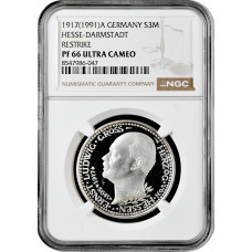 Hesse-Darmstadt 3 mark 1917 (1991) A, NGC PF66 UC RESTRIKE, "Accession" Top Pop