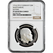 Wurttemberg 3 mark 1916 (1991) F, NGC PF68 UC RESTRIKE, "Reign of William II"Top