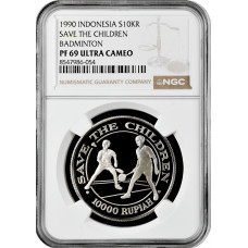 Indonesia 10000 rupiah 1990, NGC PF69 UC, "Save the Children Fund" silver coin