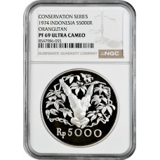 Indonesia 5000 rupiah 1974, NGC PF69 UC, "Orangutan" silver coin