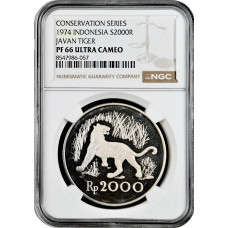 Indonesia 2000 rupiah 1974, NGC PF66 UC, "Javan Tiger" silver coin