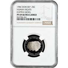 Dominican Republic 25 centavos 1986, NGC PF69 UC, "Republic (1937-2020)" Top Pop