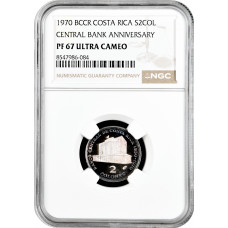 Costa Rica 2 colones 1970, NGC PF67 UC, "20th Anniversary - Central Bank"